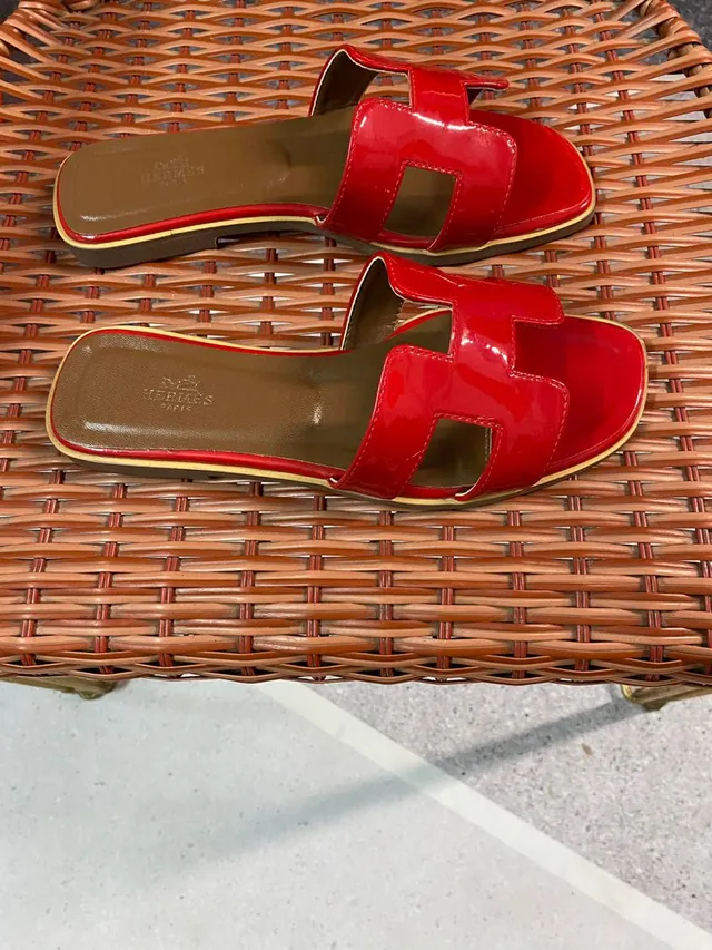 Hermès H-Strap Red Patent Leather Slippers 4