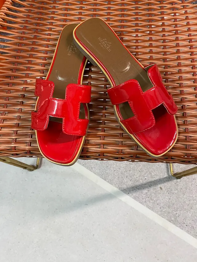 Hermès H-Strap Red Patent Leather Slippers 5