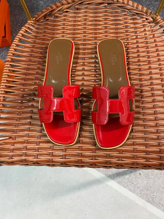Hermès H-Strap Red Patent Leather Slippers 6