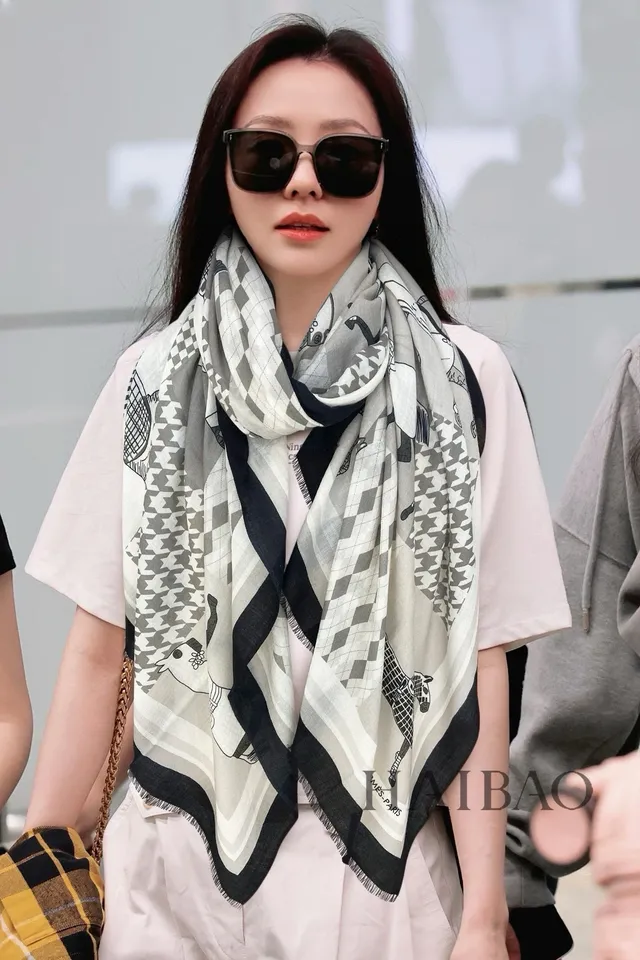 Hermès Horse Motif Geometric Patchwork Gray Shawl 2