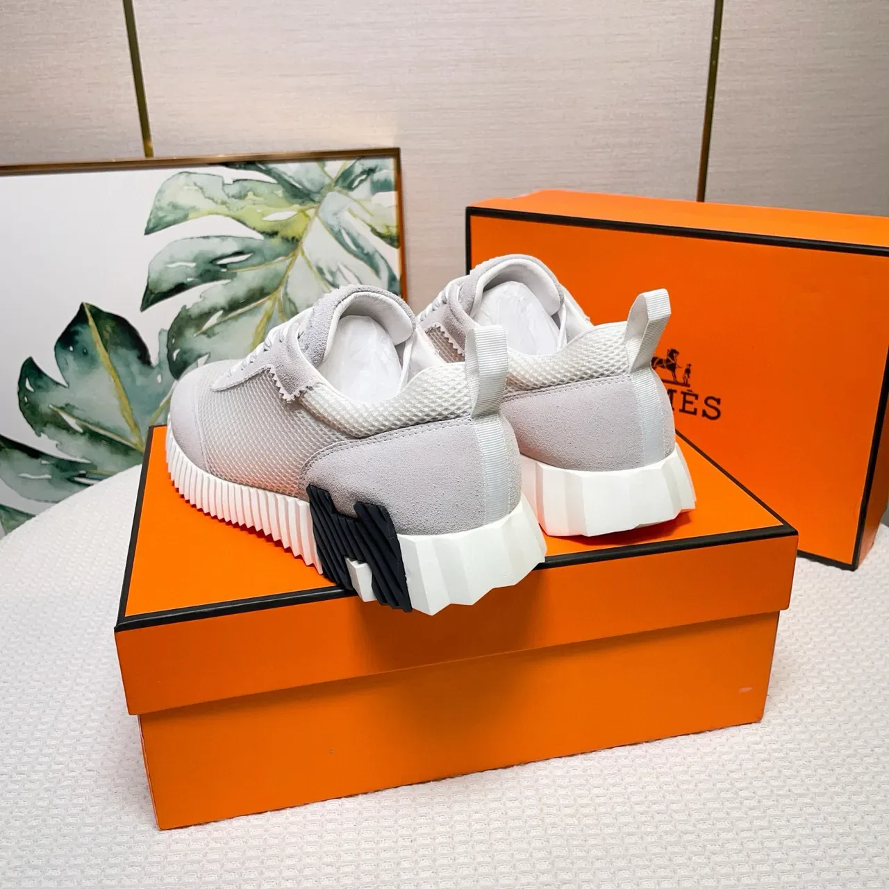 Hermès Lifestyle Sneaker Light Gray and White Mesh-Suede Sneakers 2