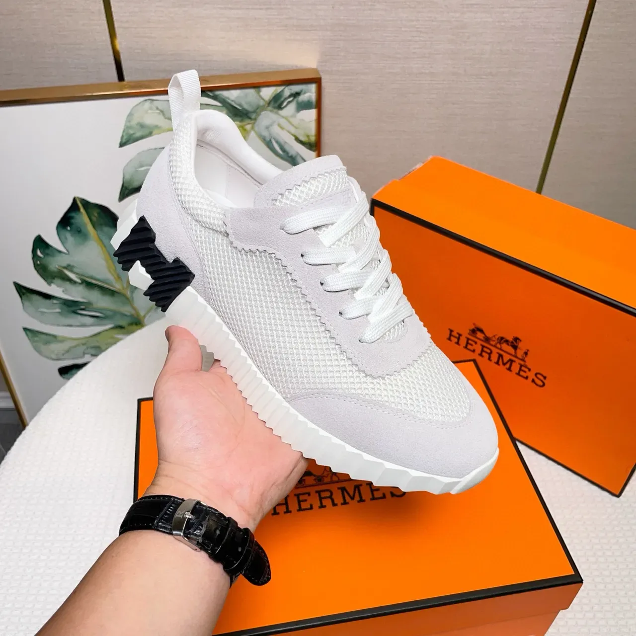 Hermès Lifestyle Sneaker Light Gray and White Mesh-Suede Sneakers 5