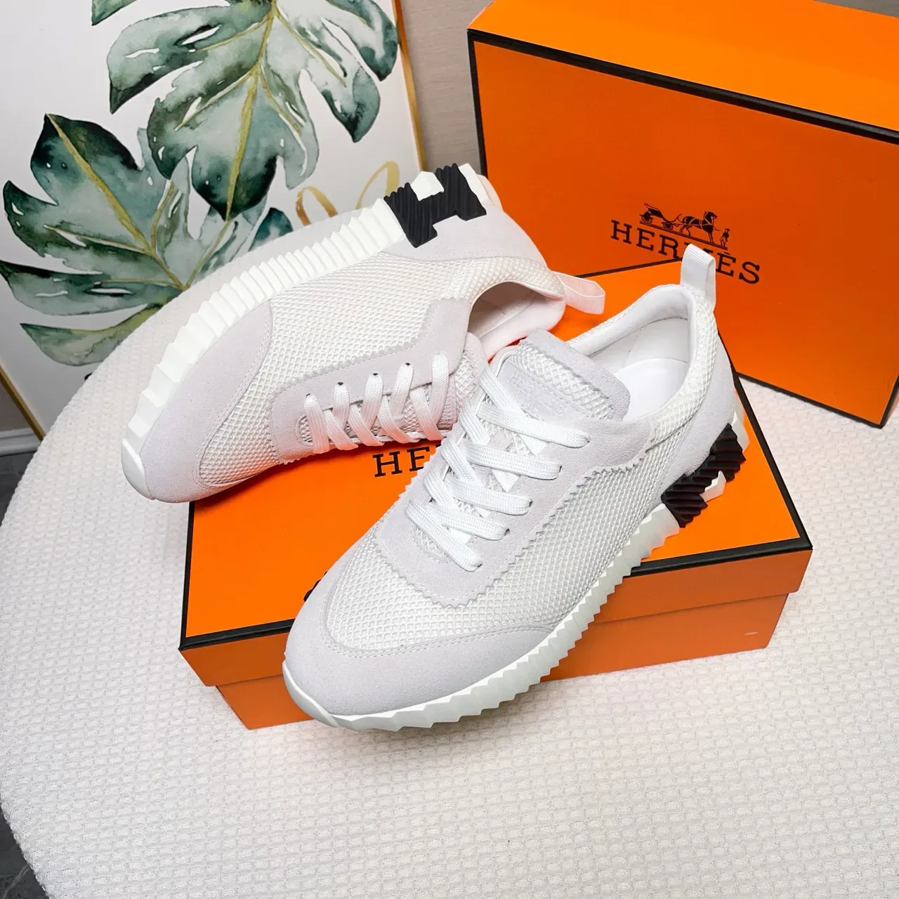 Hermès Lifestyle Sneaker Light Gray and White Mesh-Suede Sneakers 6