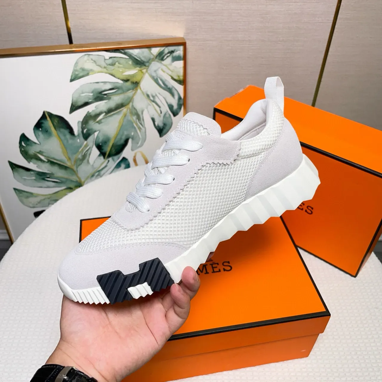 Hermès Lifestyle Sneaker Light Gray and White Mesh-Suede Sneakers 7