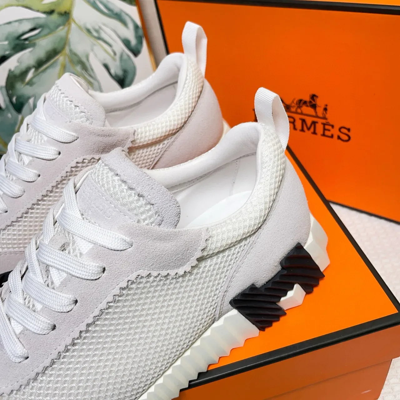 Hermès Lifestyle Sneaker Light Gray and White Mesh-Suede Sneakers 9