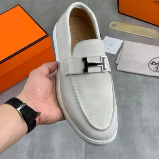 Hermès Oran Beige White Suede Upper H-Buckle Hardware Loafer