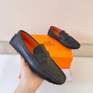 Hermès Oran Mocassins de Couro Preto com Cinto H-Logo