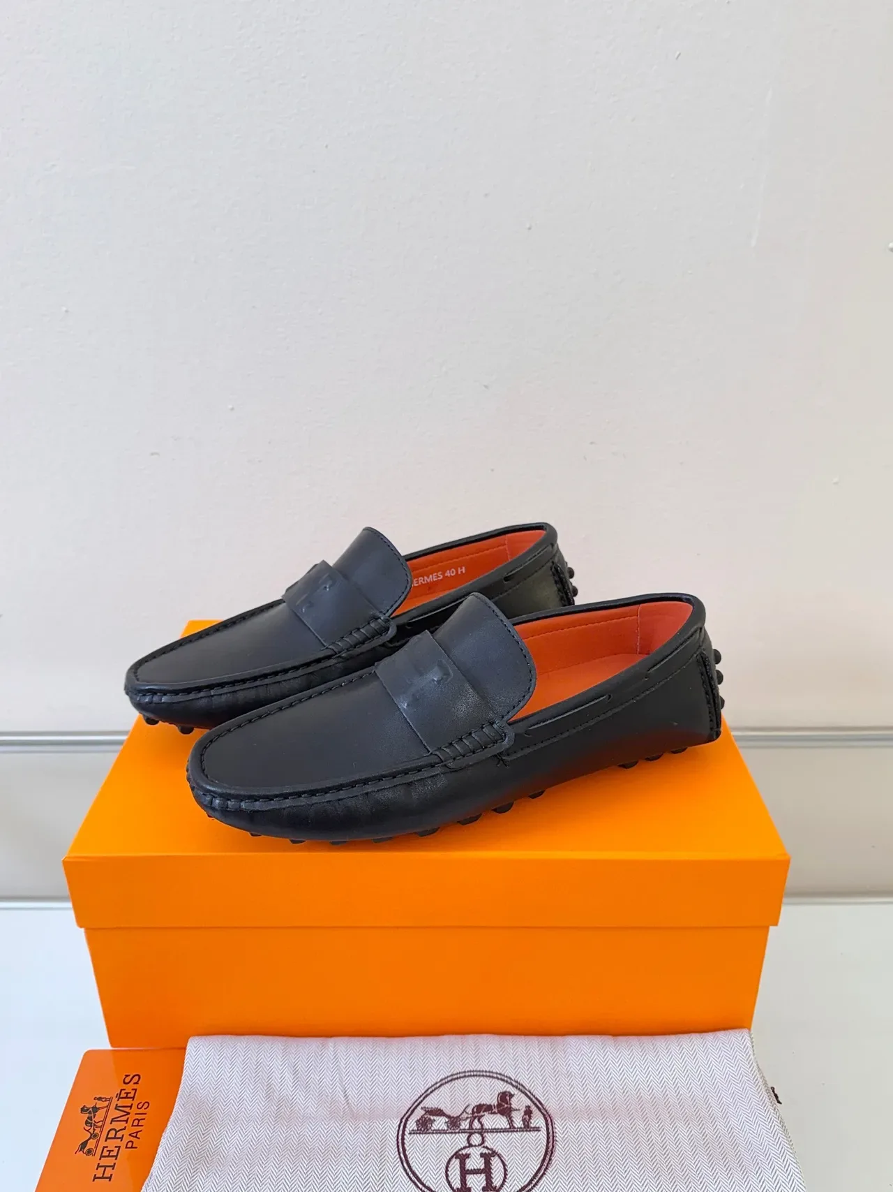 Hermès Oran Black Leather H-Logo Strap Loafers 2