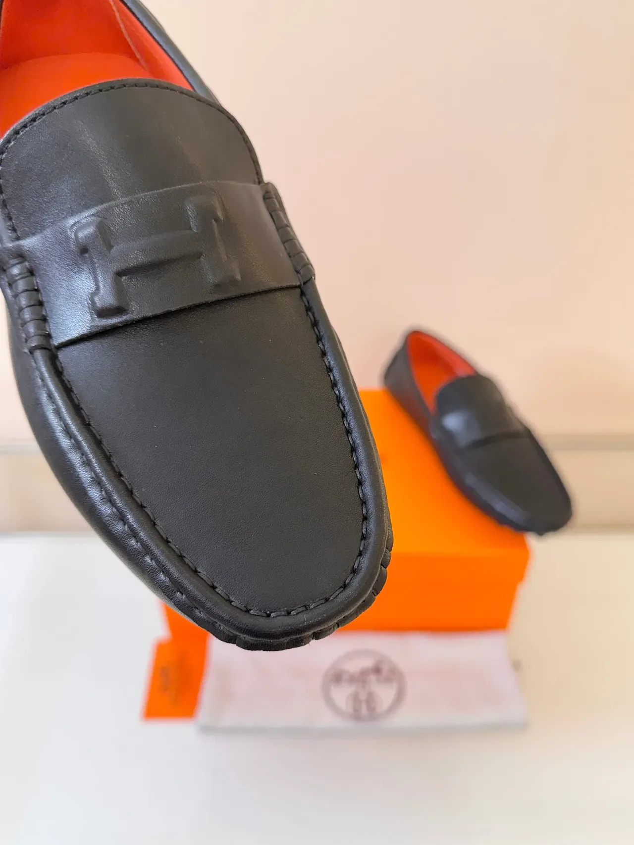 Hermès Oran Black Leather H-Logo Strap Loafers 4