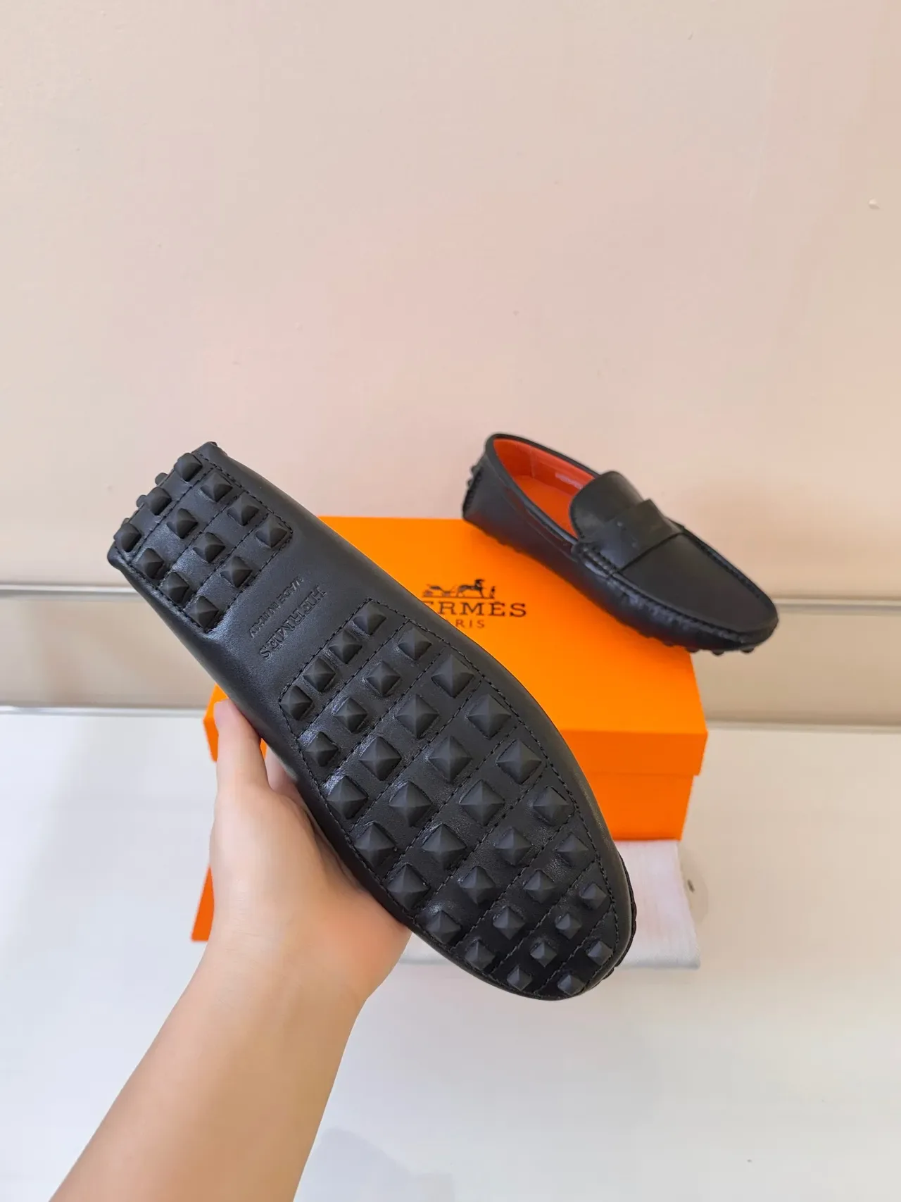 Hermès Oran Black Leather H-Logo Strap Loafers 5