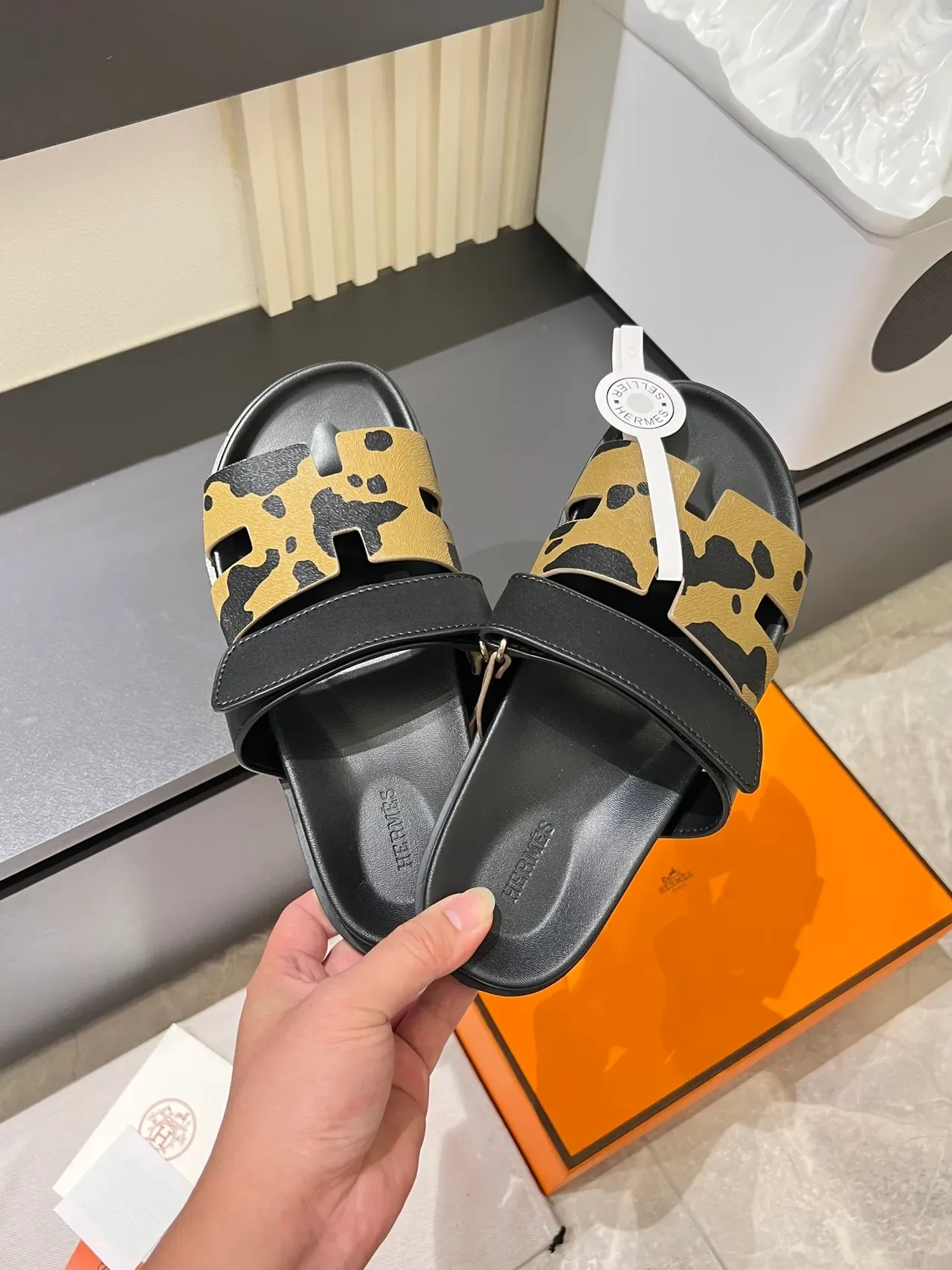 Hermès Oran Black Multicolor Double-Strap H-Cutout Slippers 11