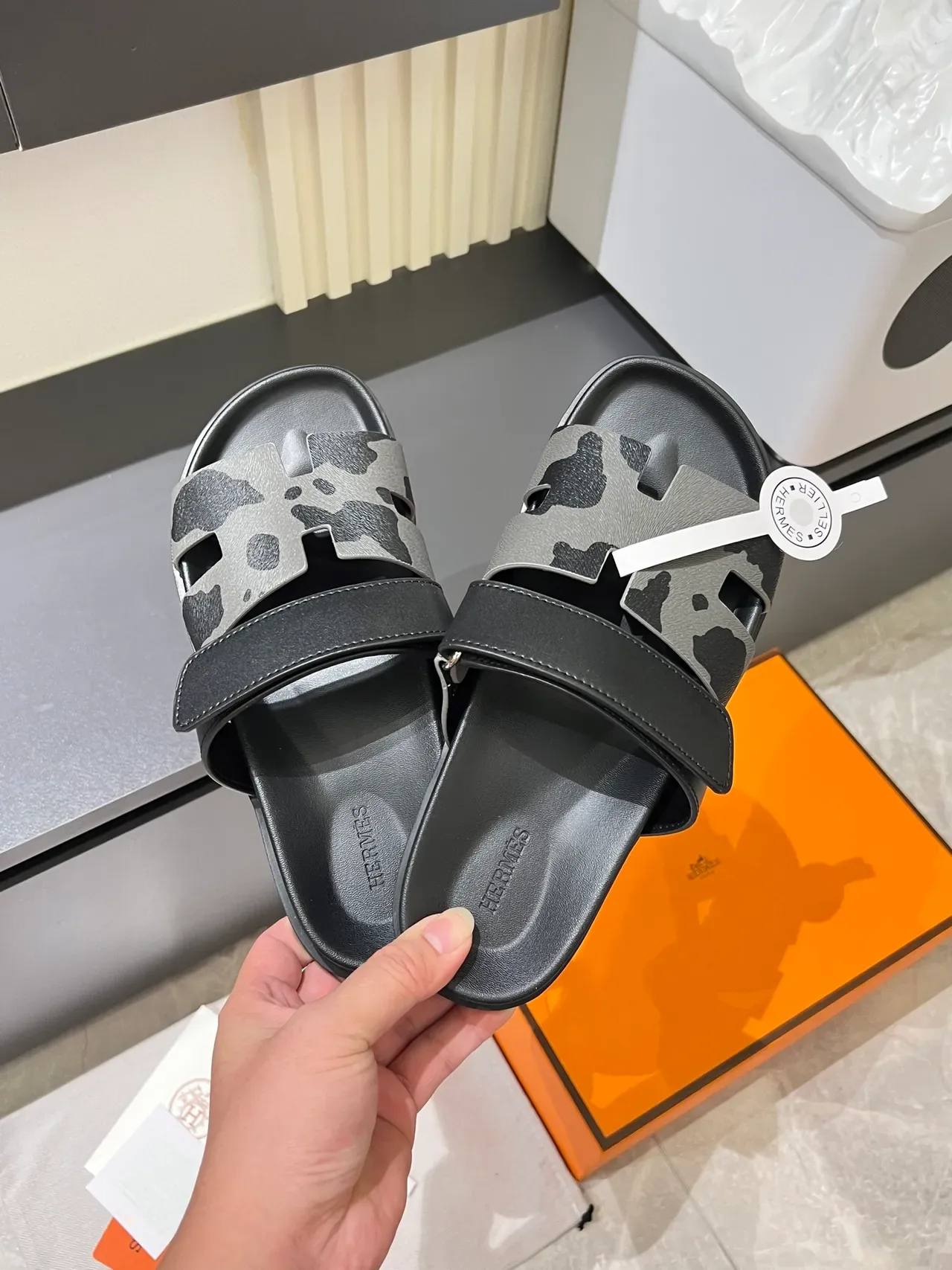 Hermès Oran Black Multicolor Double-Strap H-Cutout Slippers 12