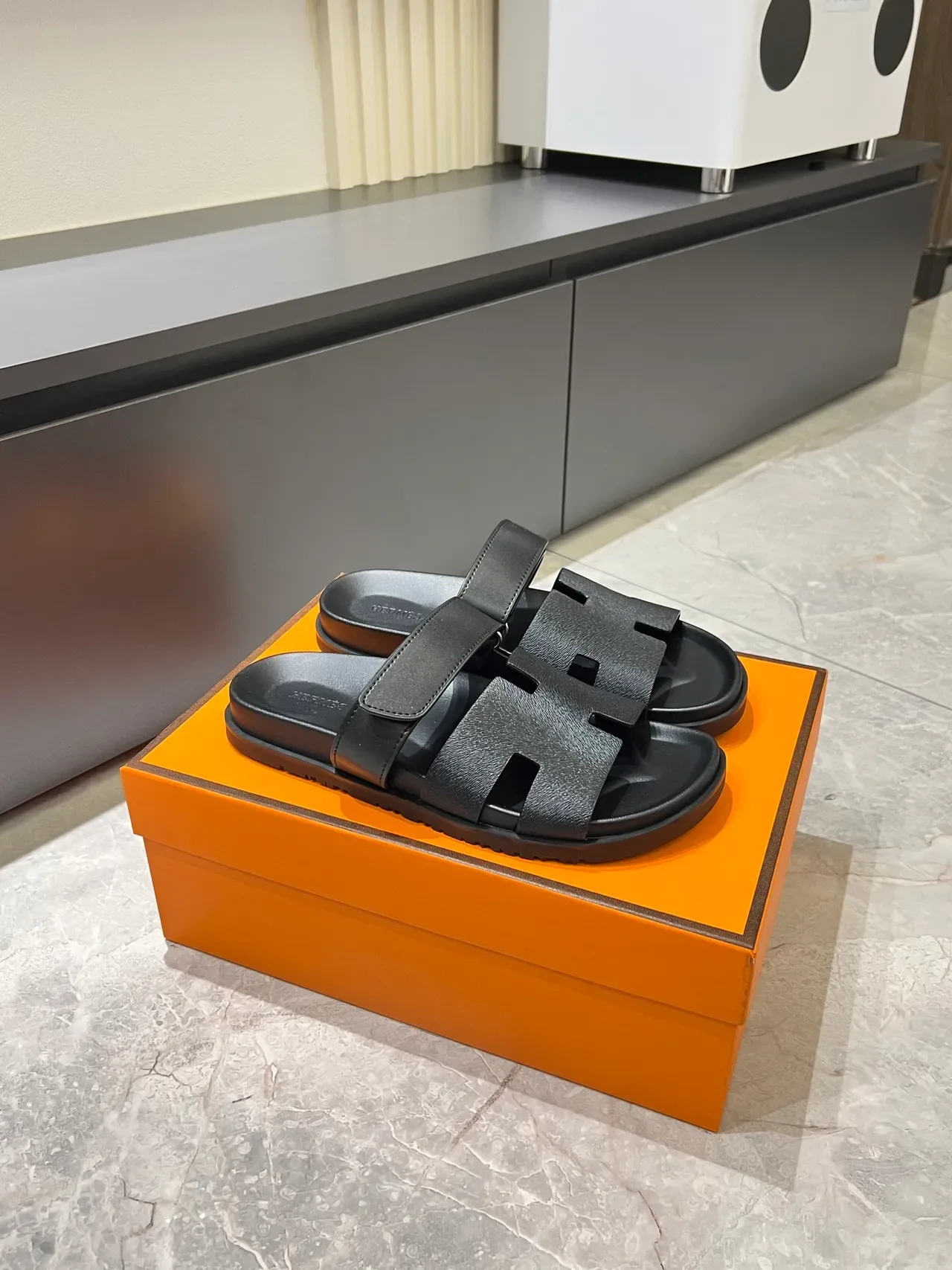 Hermès Oran Black Multicolor Double-Strap H-Cutout Slippers 13