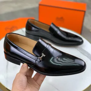 Hermès Oran Black Patent Leather H-Buckle Loafers