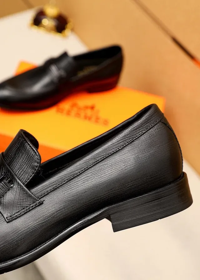 Hermès Oran Black Textured Leather H-Buckle Loafers 7