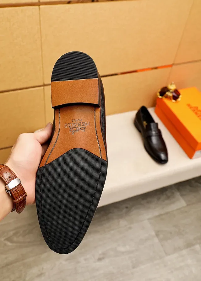 Hermès Oran Black Textured Leather H-Buckle Loafers 9