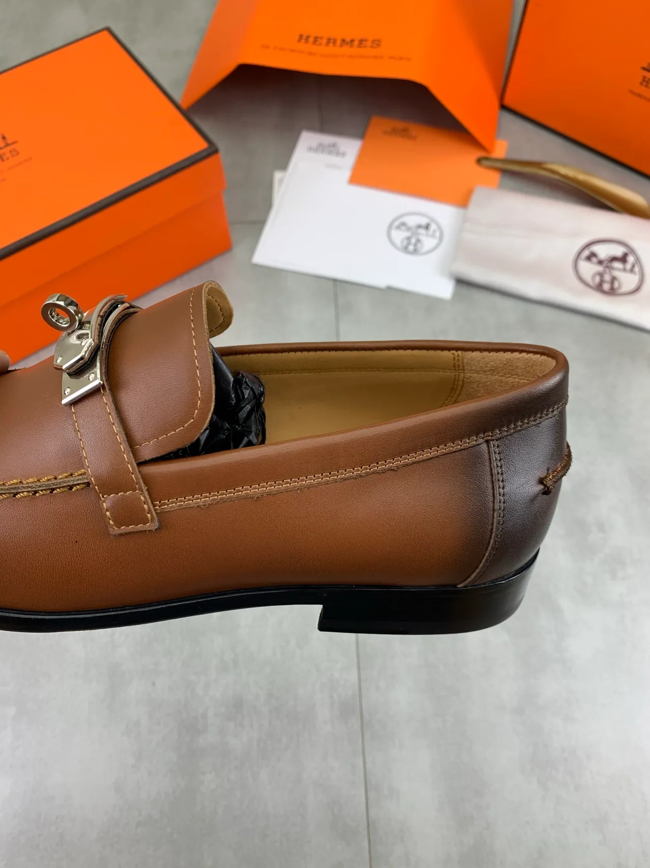 Hermès Oran Brown Leather Buckle Loafer 4