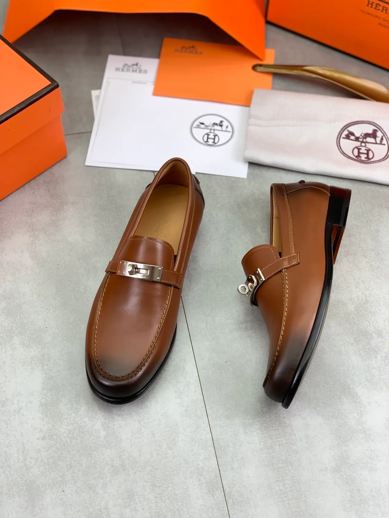 Hermès Oran Brown Leather Buckle Loafer 5