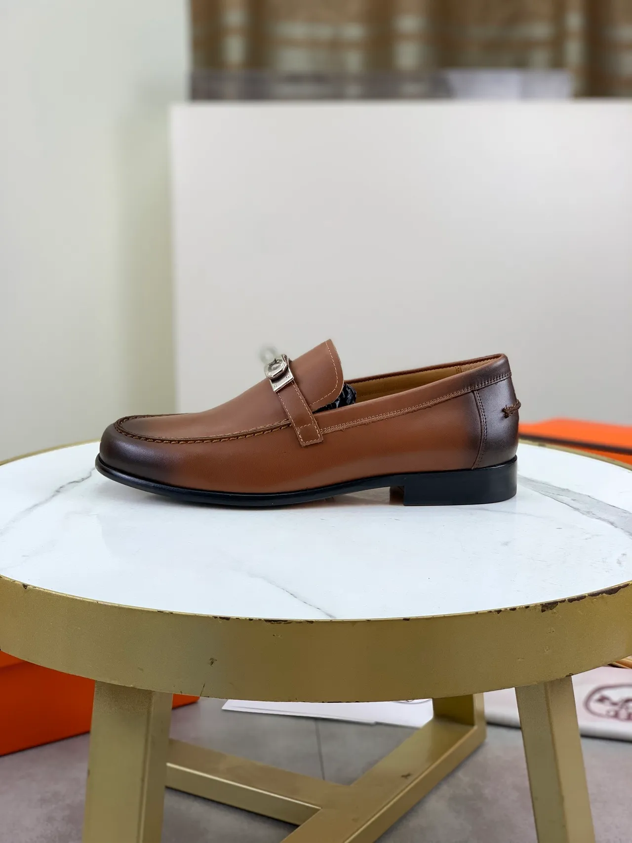 Hermès Oran Brown Leather Buckle Loafer 7