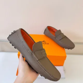 Hermès Oran Mocassim Couro Pebbled Marrom Laranja Alça H