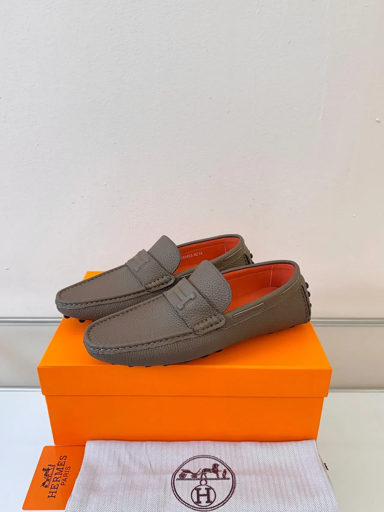 Hermès Oran Brown Orange Pebbled Leather H-Strap Loafer 2