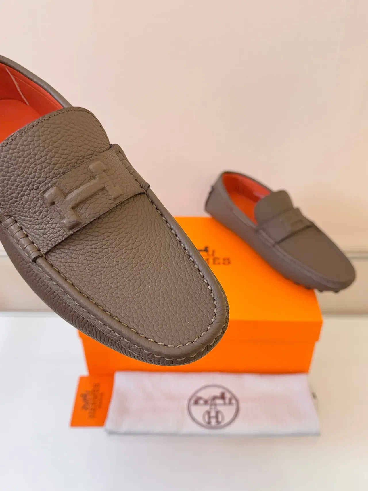 Hermès Oran Brown Orange Pebbled Leather H-Strap Loafer 3