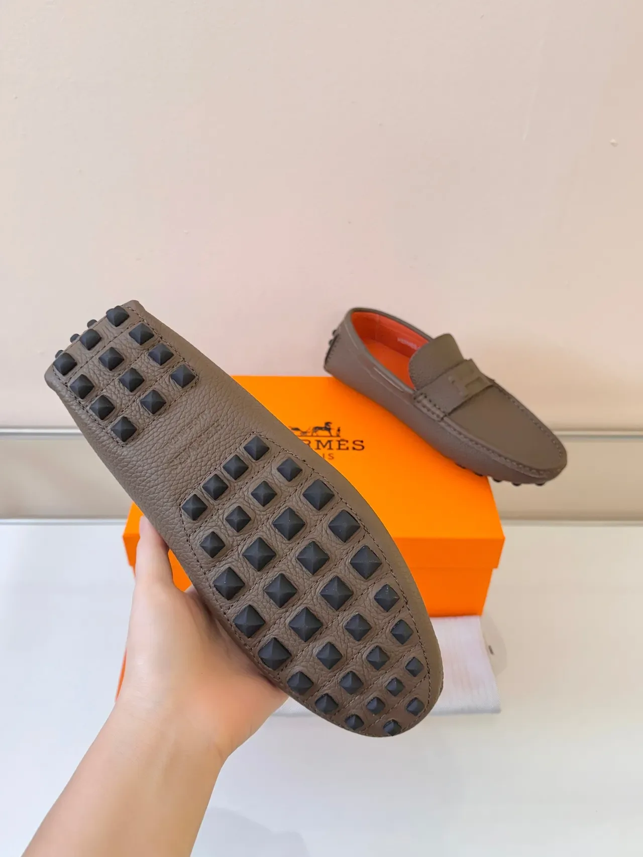 Hermès Oran Brown Orange Pebbled Leather H-Strap Loafer 5
