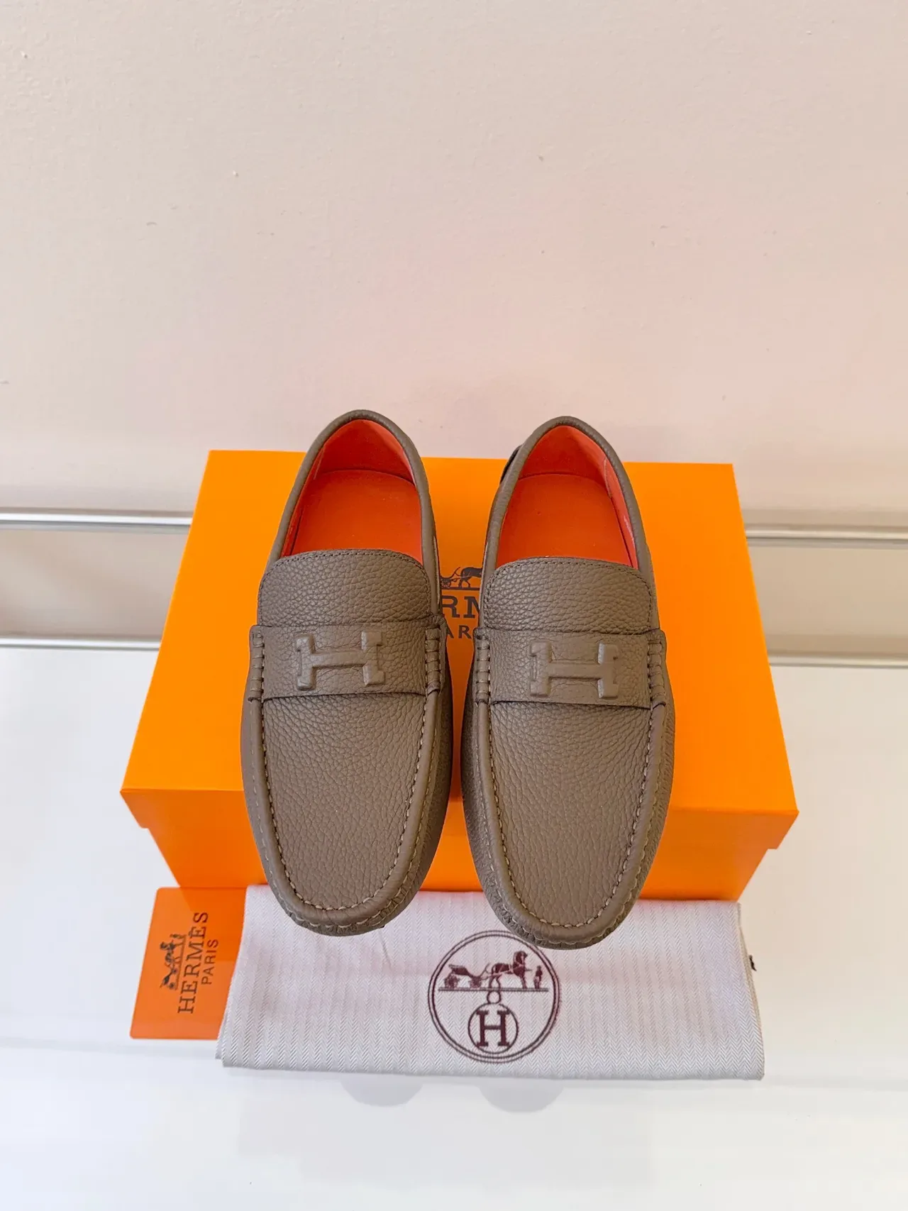 Hermès Oran Brown Orange Pebbled Leather H-Strap Loafer 6