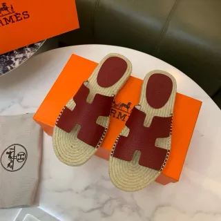 Hermès Oran Burgundy Leather and Jute Slippers