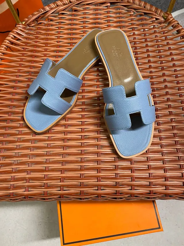 Hermès Oran Light Blue Leather H-Strap Slippers 2