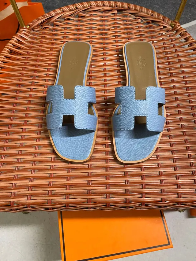 Hermès Oran Light Blue Leather H-Strap Slippers 6