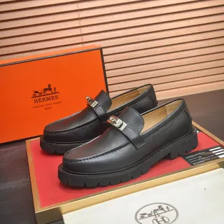 Hermès Oran Loafer Black Leather Metal Buckle Lug Sole Loafers