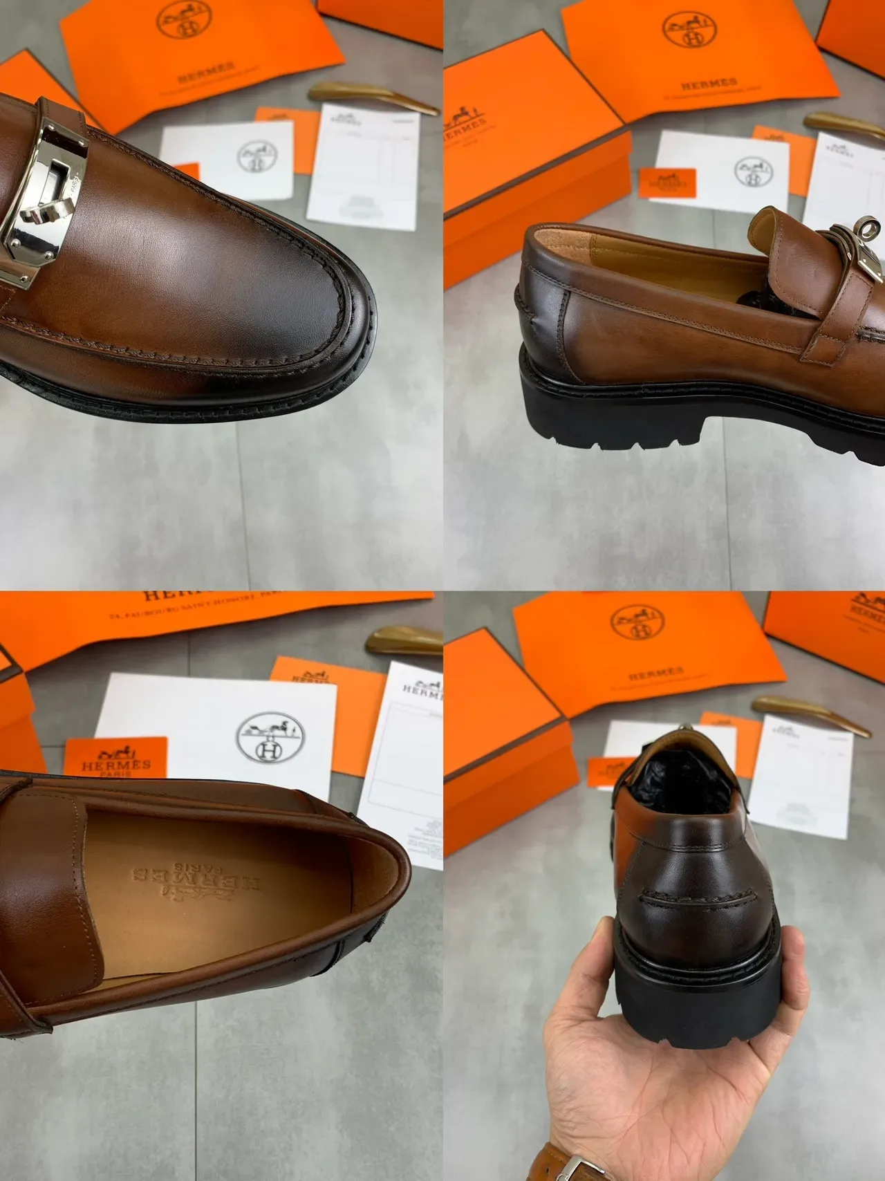Hermès Oran Mocassin Marron Noir Cuir Poli Boucle-Turn-Lock 2