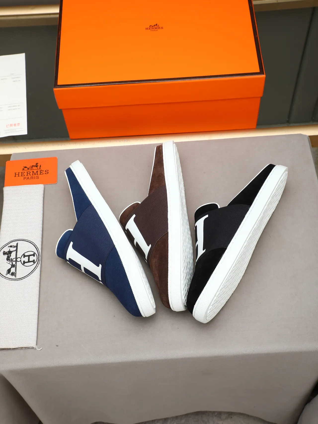 Hermès Oran Navy Suede White H-Logo Loafer 2