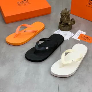 Hermès Oran Orange Black Flip-Flop Textured Rubber Sole Slippers