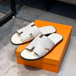 Hermès Oran Slide White Croc-Embossed Leather Slippers