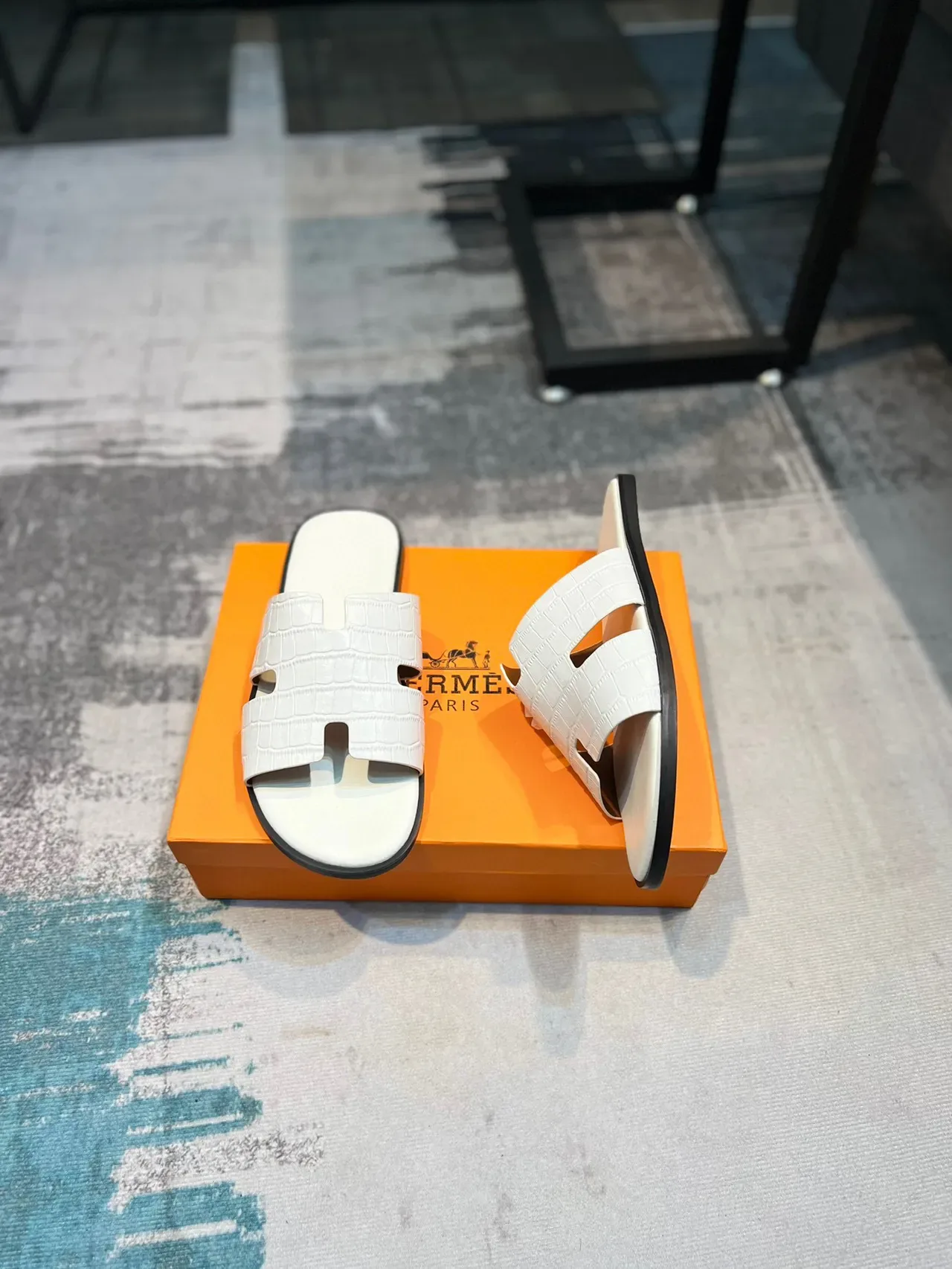 Hermès Oran Slide White Croc-Embossed Leather Slippers 4