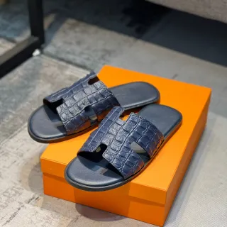 Hermès Oran Slides Navy Crocodile-Embossed Leather Slippers