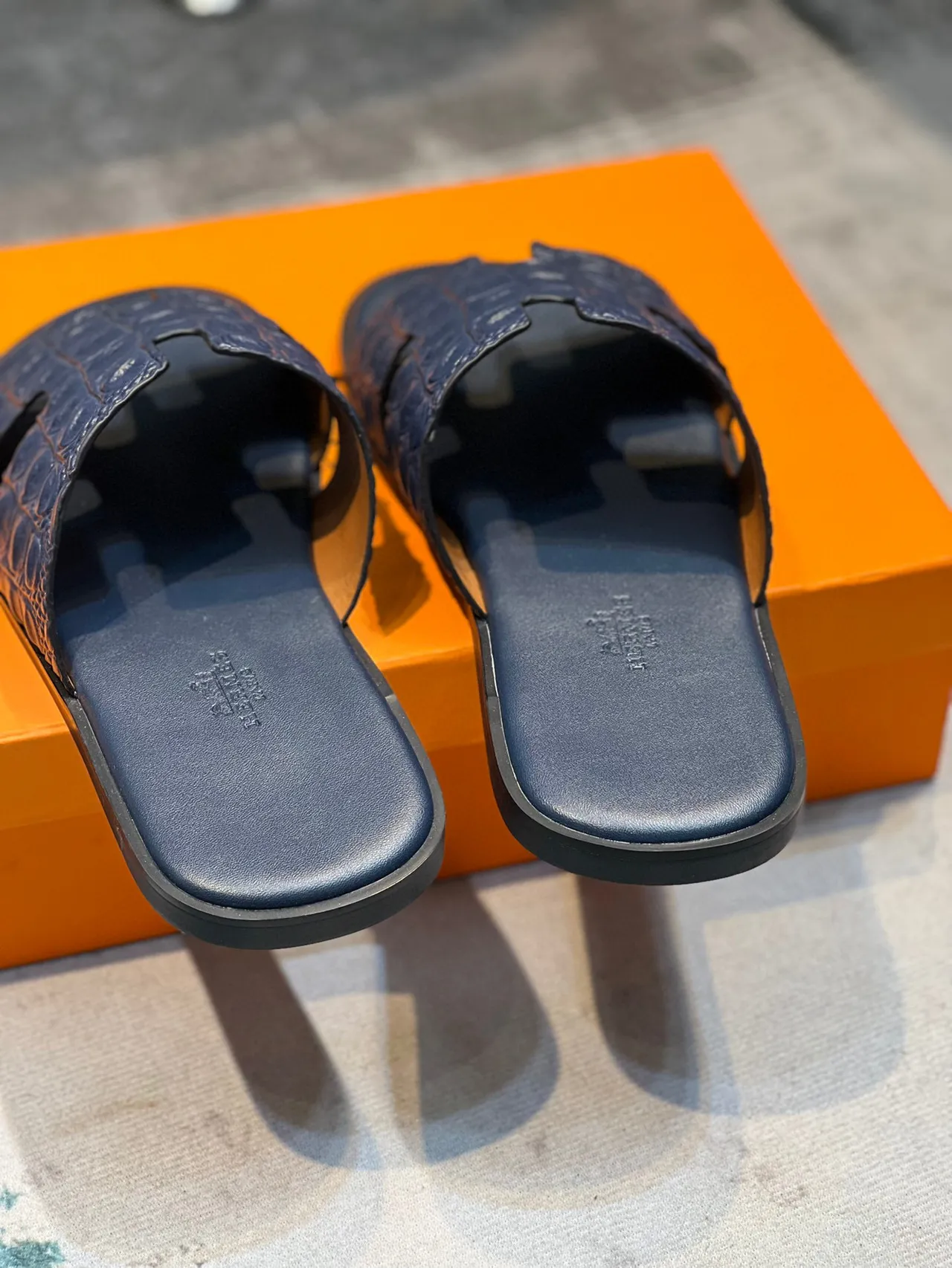 Hermès Oran Slides Navy Crocodile-Embossed Leather Slippers 2