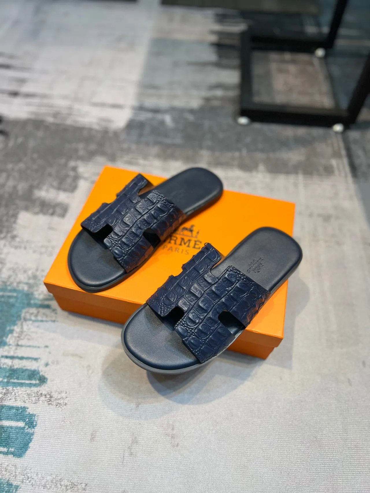 Hermès Oran Slides Navy Crocodile-Embossed Leather Slippers 6
