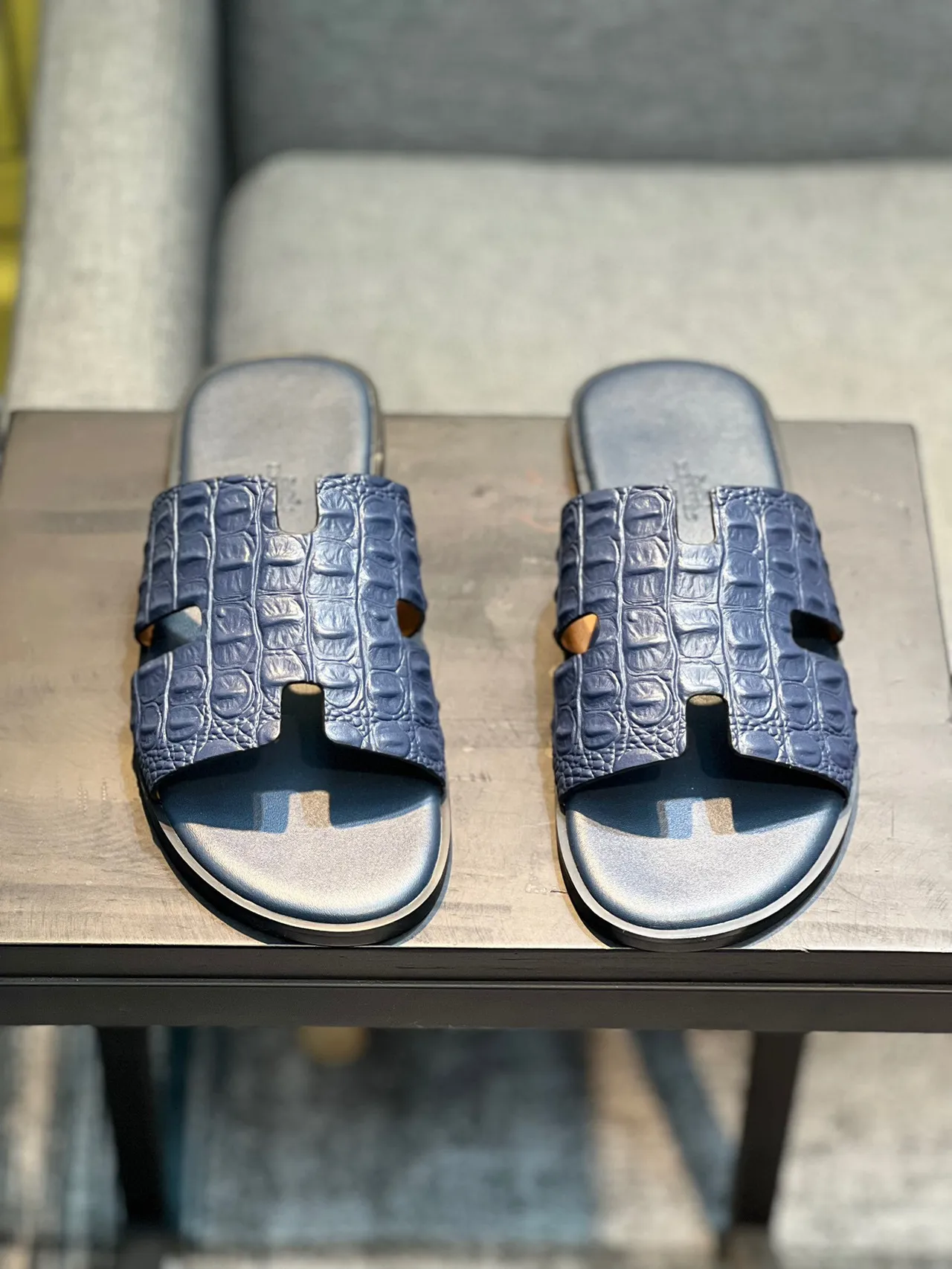 Hermès Oran Slides Navy Crocodile-Embossed Leather Slippers 7
