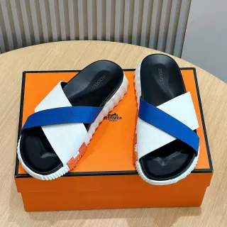 Hermès Oran White Blue Crossed Leather Straps Sculpted Ridged Sole Slippers