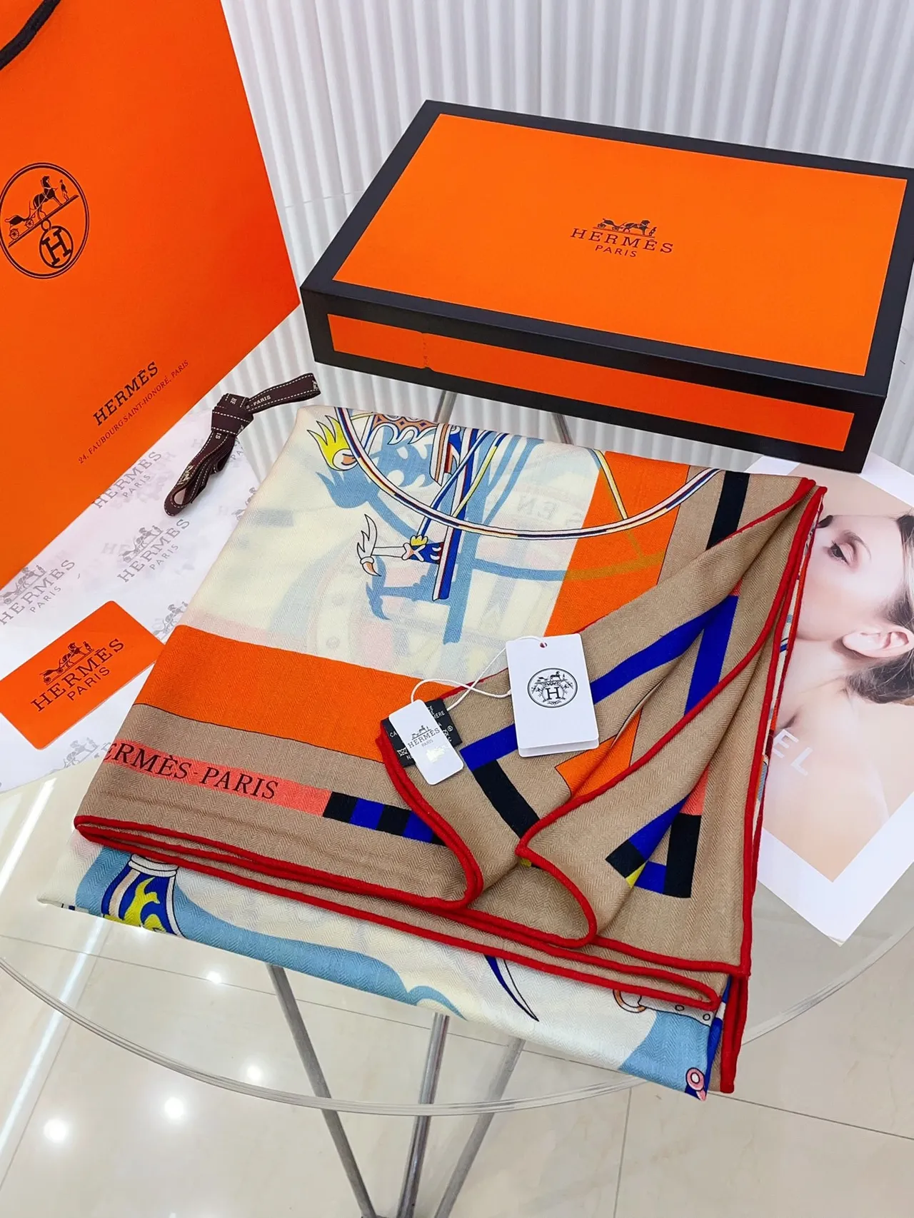Hermès motivo gráfico impresso creme multicolor lenço de seda 5