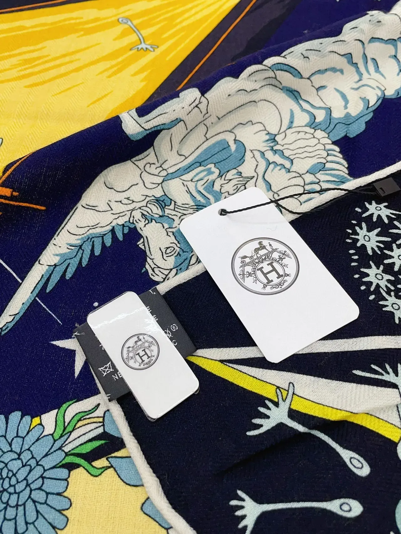 Hermès Printed Graphic Motif Navy Multicolor Silk Scarf 1