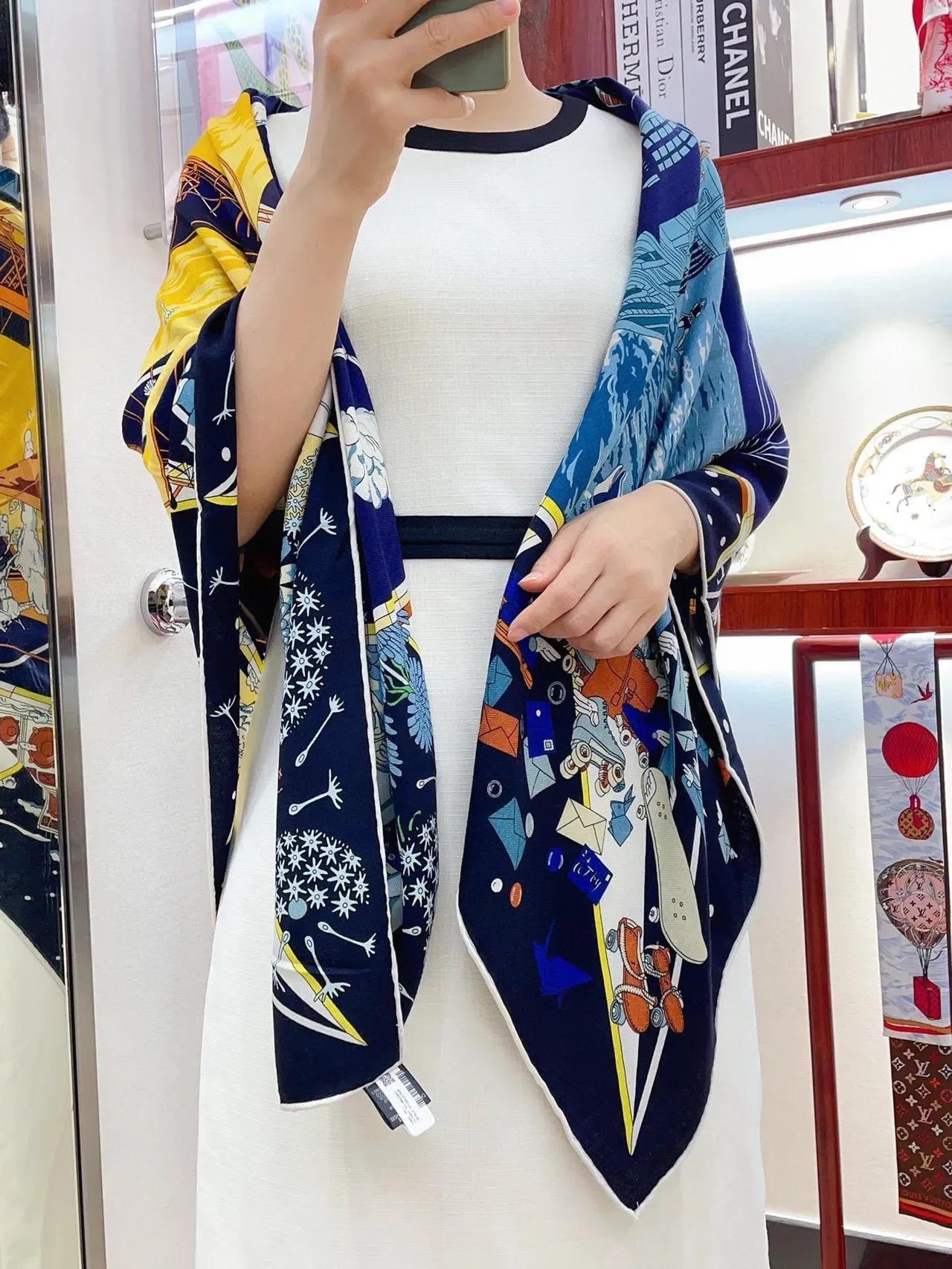 Hermès Printed Graphic Motif Navy Multicolor Silk Scarf 2