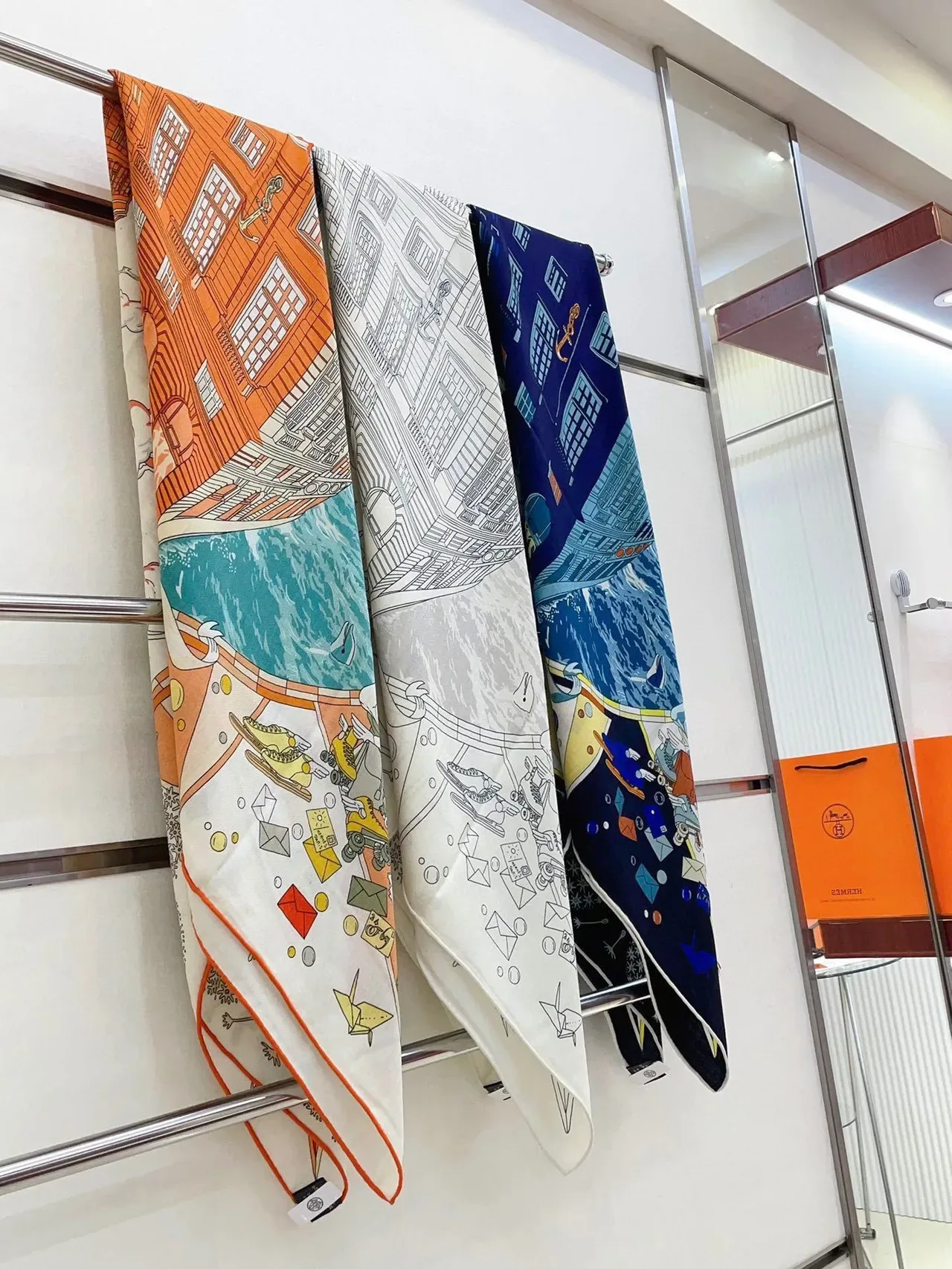 Hermès Printed Graphic Motif Navy Multicolor Silk Scarf 4