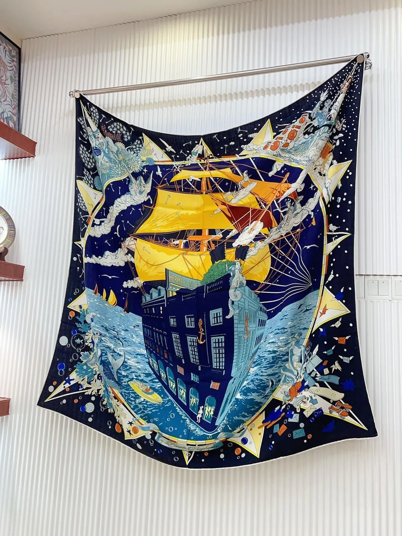 Hermès Printed Graphic Motif Navy Multicolor Silk Scarf 6