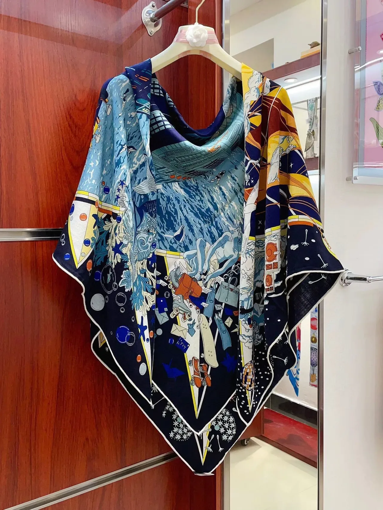 Hermès Printed Graphic Motif Navy Multicolor Silk Scarf 7