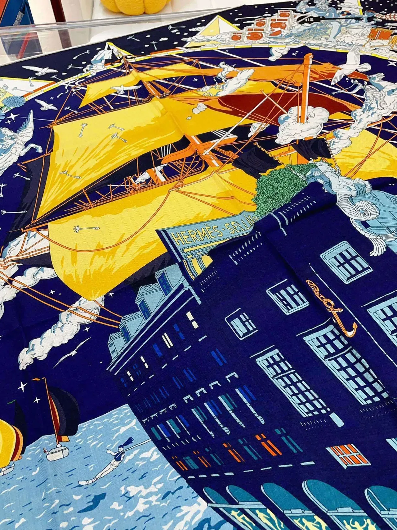 Hermès Printed Graphic Motif Navy Multicolor Silk Scarf 9