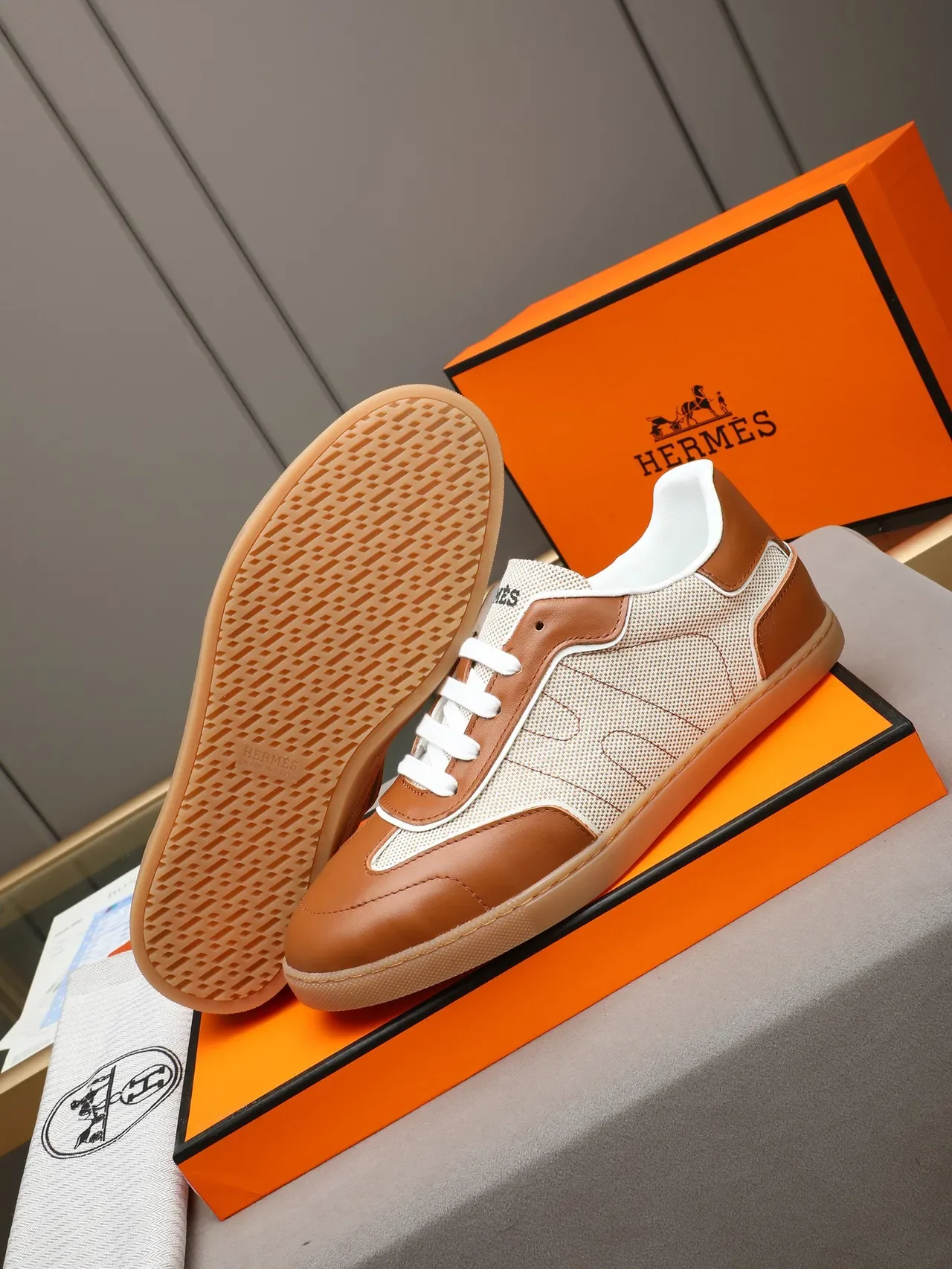 Hermès Two-Tone Leather and Mesh Sneaker 4